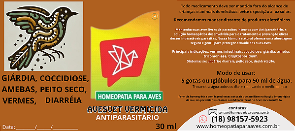 AVESVET VERMICIDA - Antiparasitário. Solução Homeopática para Parasitas Internos em Aves ex: vermes, coccidiose, giárdia, amebas, peito seco e diarréia.
