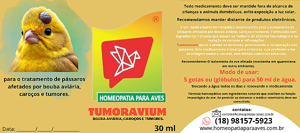 Tumoravium Solução Homeopática para Aves e pássaros, tratamento e prevenção de TUMORES E BOUBA AVIÁRIA.