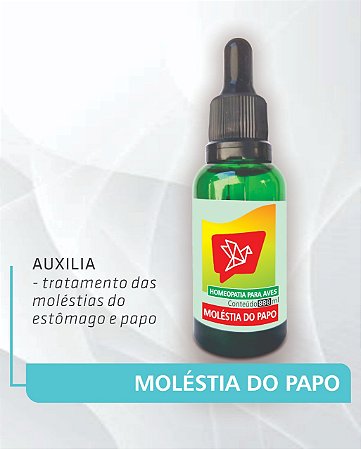 ESTASE DE PAPO - Suplemento homeopático para o tratamento auxiliar de aves com moléstia no papo e no esôfago, dilatação do papo, dificuldade de digestão, perda de apetite, vômito, diarreia e letargia em aves. 30ml