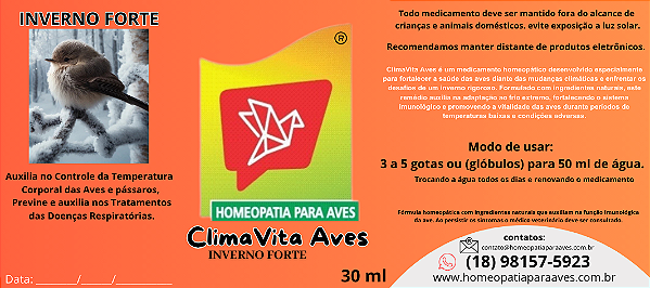 ClimaVita Aves INVERNO FORTE. Solução Homeopática que Facilita a adaptação das aves a mudanças bruscas de temperatura