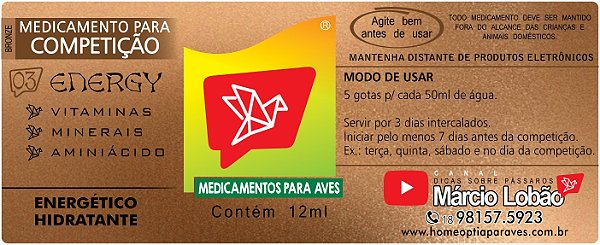 ENERGY BRONZE VITAMINAS, MINERAIS E AMINOÁCIDO para PÁSSAROS