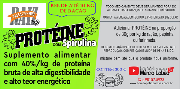 PROTÉINE 40%/kg de proteínas brutas de alto valor Biológico, um Suplemento Alimentar com SPIRULINA, de alta digestibilidade e alto teor energético. 300g