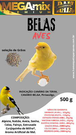 MegaMix Premium Belas Aves. Mistura de Sementes com Racão Extrusada para Canário, Pintassilgo, Canário da Terra, Pintagol e outros pássaros granívoros. 500g