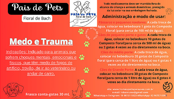 Pais de Pets Floral de Bach Medo e Trauma, para animais em choques mentais, emocionais e físicos. Indicado para Cães, gatos, pássaros e roedores. 30 ml