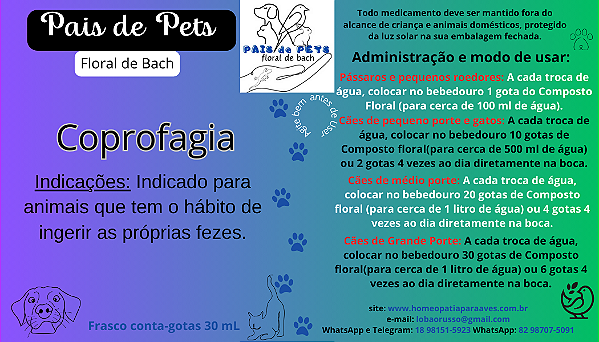 Pais de Pets Floral de Bach Coprofagia, para animais que comem as próprias fezes. Indicado para Cães, gatos, pássaros e roedores. 30 ml