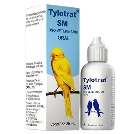 Tylotrat SM 20ml – Tilosina. para o tratamento das complicações respiratórias de origem bacteriana, Micoplasmose, CRD das aves,