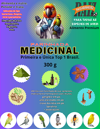 Farinhada medicinal para todas as espécies de aves e pássaros. Alimenta, previne e trata problemas respiratório, digestivo, pele e peito seco. 300g