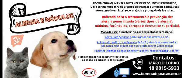 ALERGIA E NÓDULOS tratamento para Cães e Gatos com alergia generalizada (vários tipos de alergia),  nódulos, furúnculos, caroços e dermatite superficial.