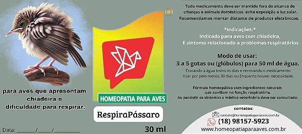 RespiraPássaro Solução homeopática para tratamento e prevenção de pássaros que apresenta chiadeira e dificuldades respiratórias.