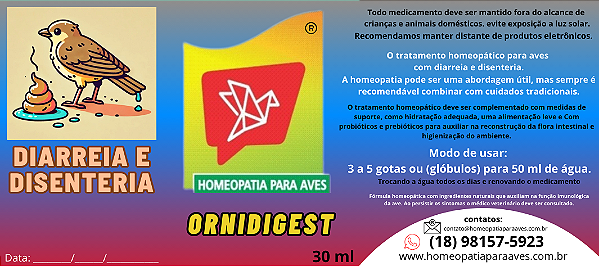 ORNIDIGEST Solução homeopática para tratamento de diarreia e desinteria em pássaros e aves. 30ml