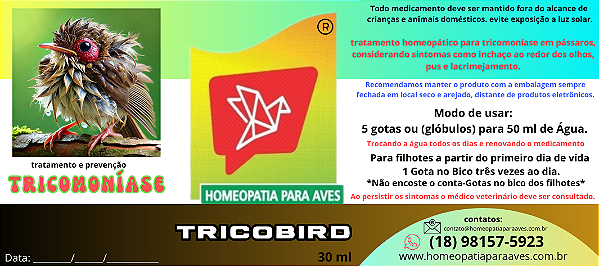 TRICOBIRD - Fórmula homeopática para tratamento e prevenção da TRICOMONÍASE em AVES.