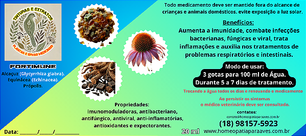 FORTIMUNE. Esta tintura é uma combinação poderosa de três componentes naturais que oferecem inúmeros benefícios tanto para humanos quanto para aves.