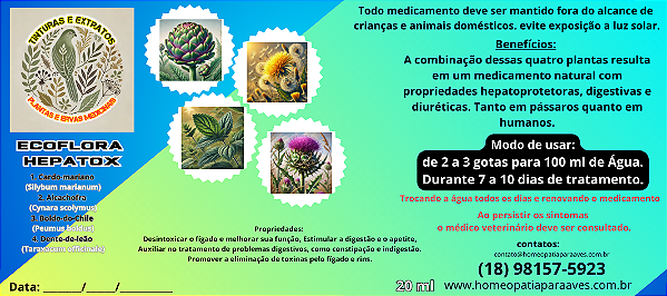 ECOFLORA  HEPATOX. tintura de cardo-mariano, alcachofra, boldo e dente-de-leão. medicamento natural com propriedades hepatoprotetoras, digestivas e diuréticas. Tanto em pássaros quanto em humanos. 20ml