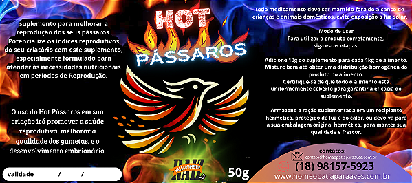 Hot Pássaros. um suplemento estimulante para melhorar a reprodução dos pássaros. 50g