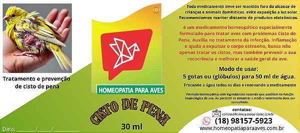 Uma solução homeopática para tratamento e prevenção de AVES E PÁSSAROS com CISTO DE PENA. 30ML