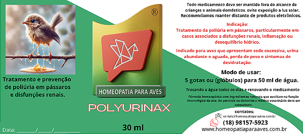 POLYURINAX - poliúria, para aves que apresentam sede excessiva, urina abundante e aguada, perda de peso e sintomas de desidratação.