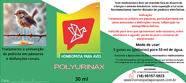 POLYURINAX - poliúria, para aves que apresentam sede excessiva, urina abundante e aguada, perda de peso e sintomas de desidratação.