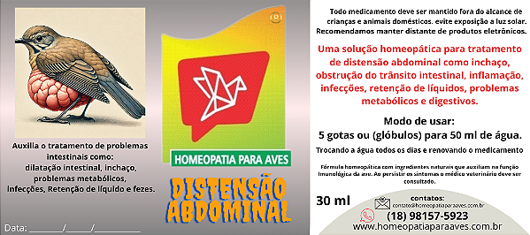 Uma solução homeopática para tratamento e prevenção de Distensão Abdominal em aves. 30ml