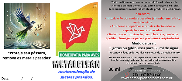 Metalclean. Uma solução Homeopática desenvolvida para auxiliar na desintoxicação e eliminação de metais pesados em aves. 30ml
