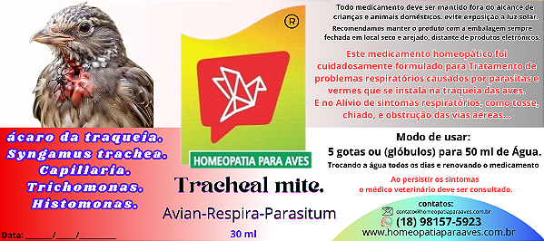 Tracheal Mite Avian-Respira-Parasitun, Tratamento Homeopático para Parasitas Respiratórios em Aves incluindo ácaro de traquéia, pulmões e sacos aéreos. 30ml
