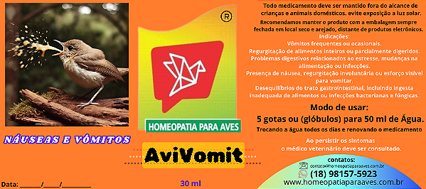 AVIVOMIT. Solução homeopática para tratamento de aves que apresenta os sintomas de náuseas e vômitos. 30ml