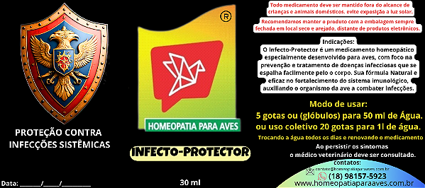 INFECTO-PROTECTO, um medicamento homeopático especialmente desenvolvido para aves, com foco na prevenção e tratamento de doenças infecciosas que se espalha facilmente pelo o corpo. 30ml