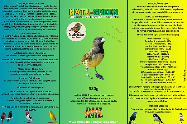 NATU-GREEN. Alimento extrusado premium, completo e balanceado, indicado para coleiro, papa capim e outros pássaros de pequeno porte e mesmos hábitos alimentares. 330g