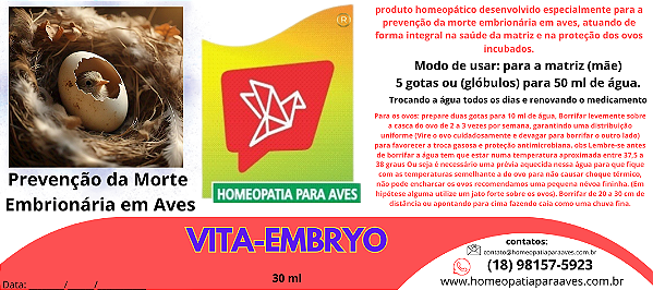Vita-Embryo, Fórmula Homeopática para Prevenção da Morte Embrionária (Filhotes que morrem dentro do ovo) em Aves. 30ml