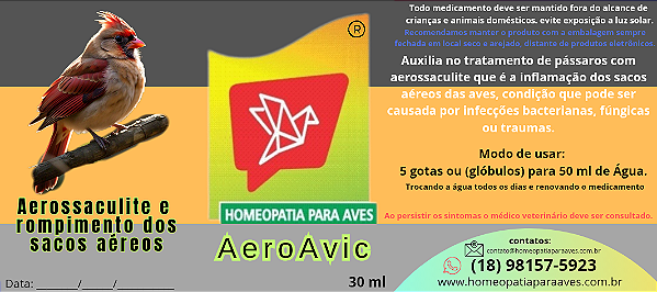 AeroAvic Aerossaculite. homeopático foi especialmente formulado para auxiliar no tratamento da aerossaculite e rompimento dos sacos aéreos em aves. 30ml