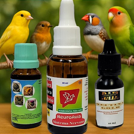 kit para Tratamento de distúrbios neurológicos em aves e Pássaros tais como convulsões, tremedeira, ataques epiléticos, desequilíbrio, pescoço torto, cefalomoeleite, doença de Newcastle e hepatopatia.