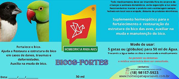 Bico-Forte é um medicamento homeopático desenvolvido para fortalecer e restaurar a estrutura do bico das aves. 30ml