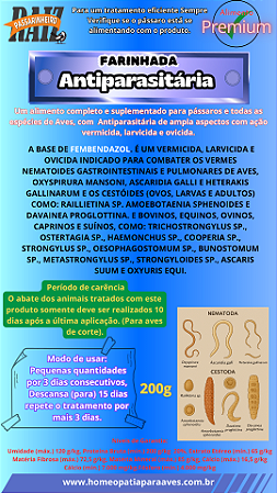 FARINHADA Antiparasitária, combater os vermes nematoides gastrointestinais e pulmonares de Aves. 200g