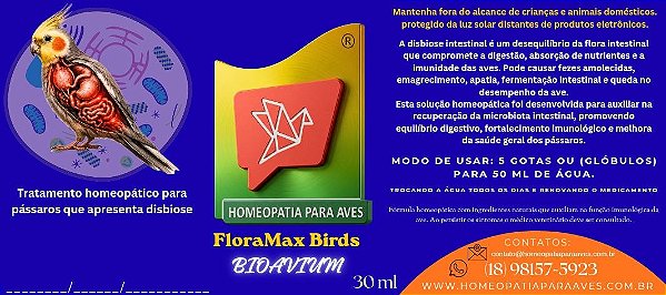 FloraMax Birds BioaVium, Tratamento Homeopático para pássaros que apresenta Disbiose. 30ml