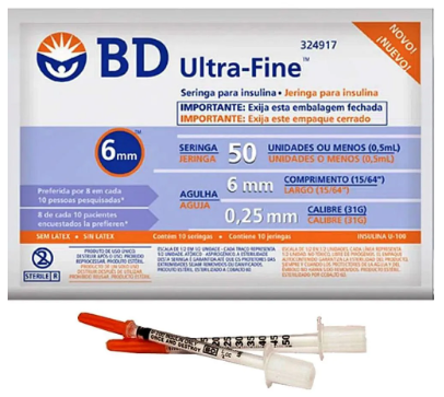 Seringa de Insulina Ultrafine 0,5ml 6x0,25mm 31g Pacote C/10un - BD