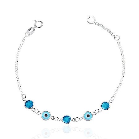 Pulseira De Prata Olho Grego e Zircônias Azuis 18 cm