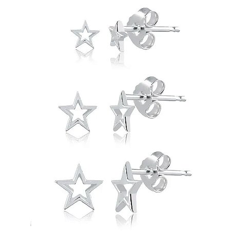 Trio de Brincos Estrelas Vazadas - Prata 925