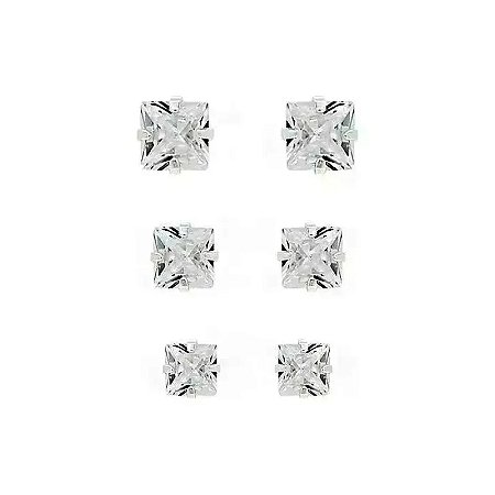Trio Brincos Pontos De Luz Zircônia Quadrada Cristal - Prata 925