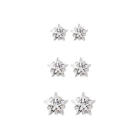 Trio Brincos De Prata Estrela Zircônia Cristal