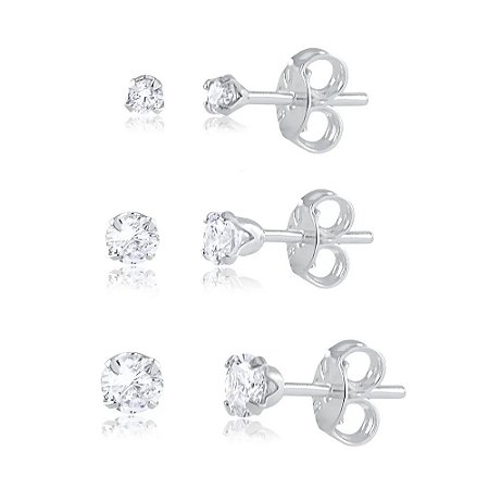 Trio Brincos Pontos De Luz Redondo Zircônia Cristal - Prata 925