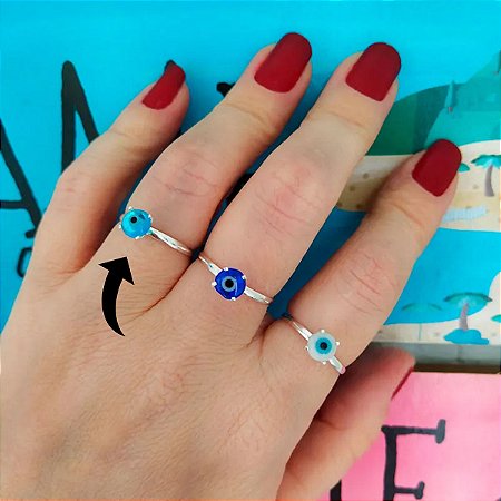 Anel De Prata Olho Grego Murano Redondo Azul Claro 6 mm