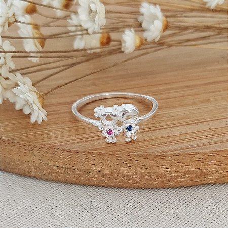 Anel De Prata Casal de Filhos com Zircônias