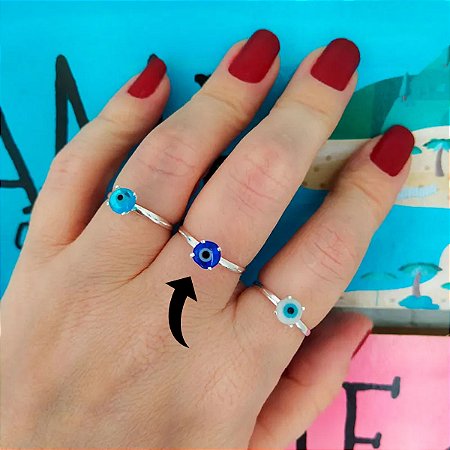 Anel De Prata Olho Grego Murano Redondo Azul Escuro 6 mm