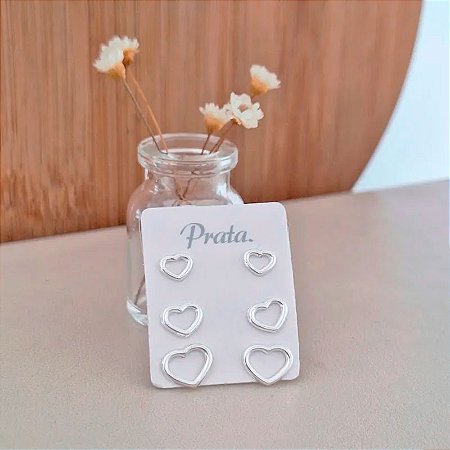 Trio de Brincos Corações Vazados - Prata 925