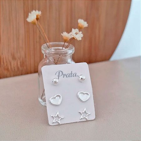 Trio de Brincos Bolinha, Coração e Estrela Vazada - Prata 925