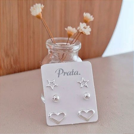 Trio de Brincos Estrela, Bolinha, Coração - Prata 925