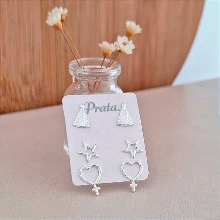 Trio de Brincos Nossa Senhora, Estrela e Coração Terço - Prata 925
