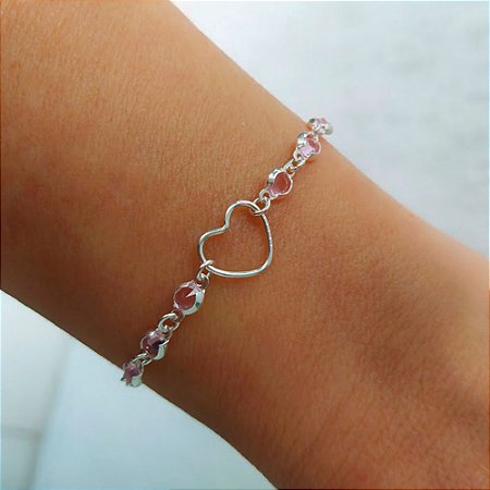Pulseira de Prata com Coração Vazado e Zircônias Rosa 18 cm