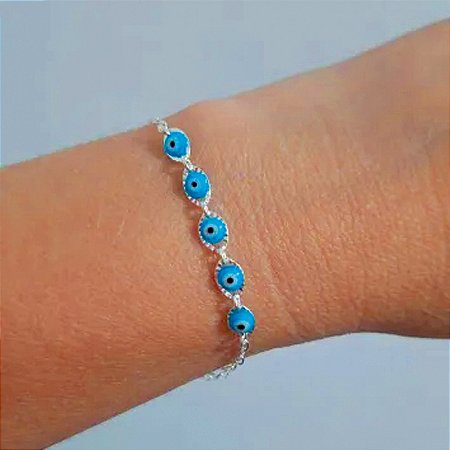 Pulseira De Prata Olho Grego Oval Azul Claro 18 cm