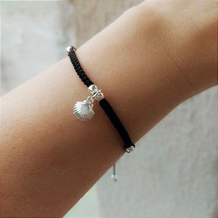 Pulseira Cordão Nylon Concha Do Mar e Bolinhas Prata