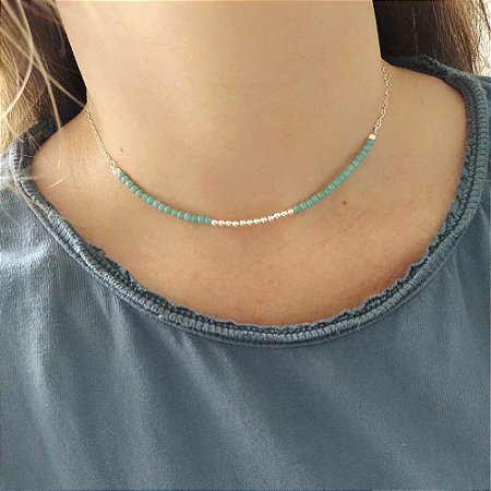 Choker Cristais Pedra Natural Turquesa e Bolinhas De Prata